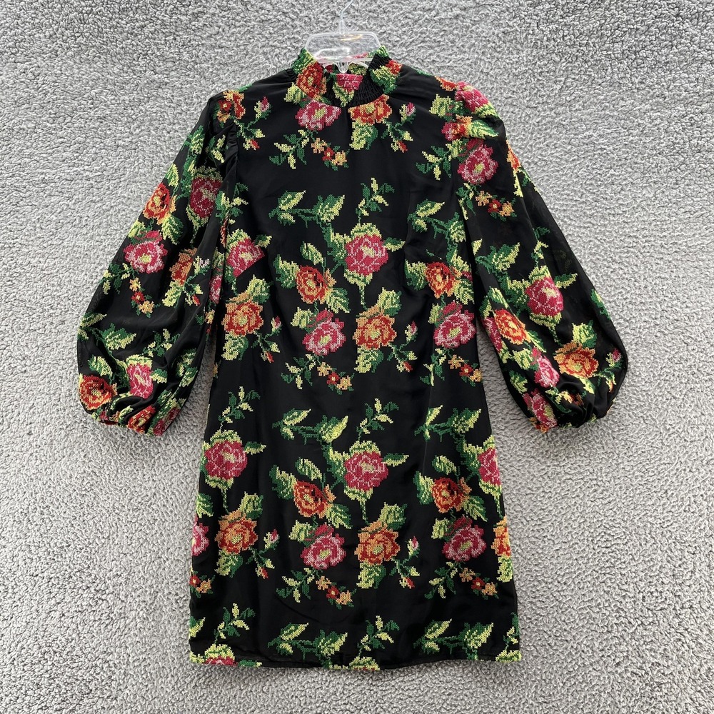 Eva Franco Dress 6 Black Embroidered Floral Puff Sleeve High Neck Open Back Mini